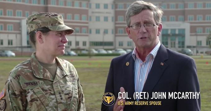 Lt. Gen. Jody Daniels, chief of Army Reserve and commanding general, U.S. Army Reserve Command, introduces her husband Mr. John McCarthy to the Army Reserve. Mr. McCarthy is working with Family Programs and looks forward to hearing from Soldiers, Civilian employees and Families.